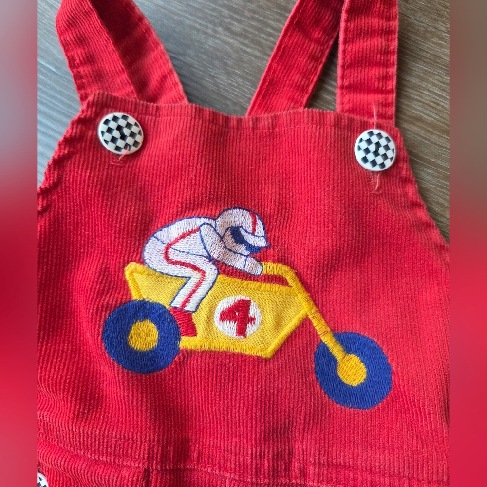 Vintage 80s Healthtex Red Motorcycle Patch Corduroy Baby Overalls Boys Size 2T - Picture 4 of 10